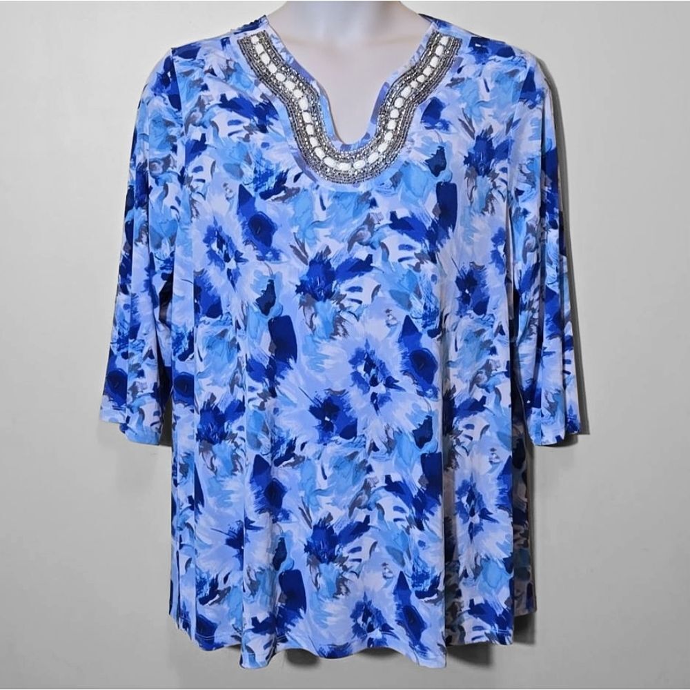 Susan Graver Liquid Knit Top 2X Beaded Neckline‎ Embellished 3/4 Sleeve Coastal